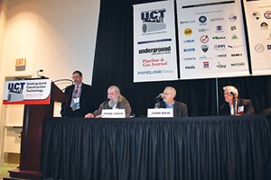 A special session at the Underground Construction Technology Conference included HDD Hall of Fame awardees and co-moderators. Pictured are, left to right: Grady Bell, Frank Canon, Robert Carpenter and John Hair. 